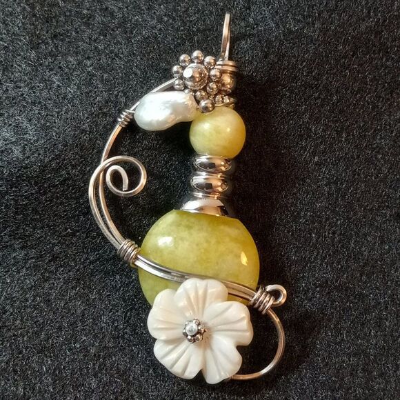 Artisan Silver Tone Wire Wrap Floral Freshwt Pearl Pendant Sterling Silver Chain - Picture 1 of 13